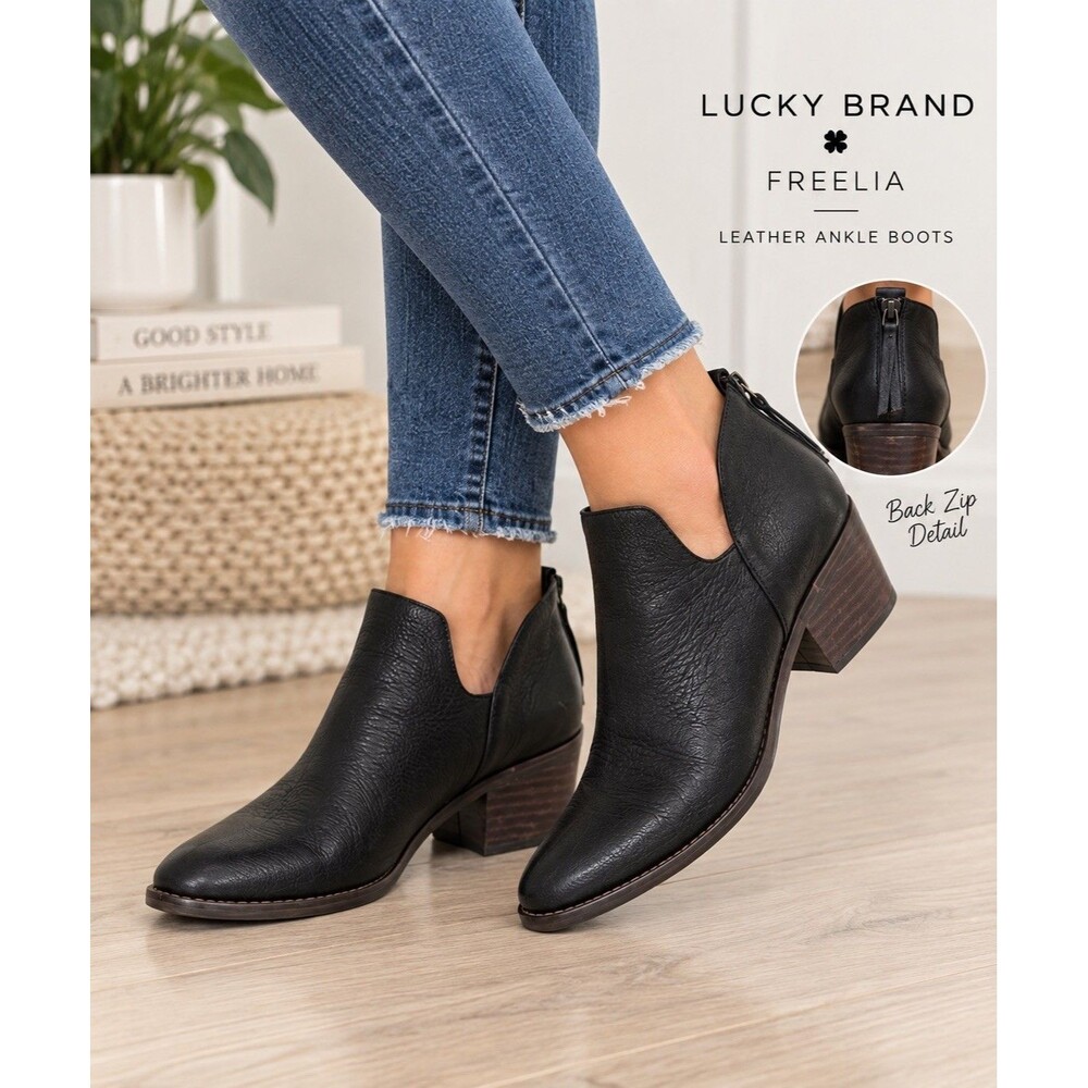 Lucky Brand Freelia Women’s 8.5M Black Leather Ankle Boots Back Zip Block Heel